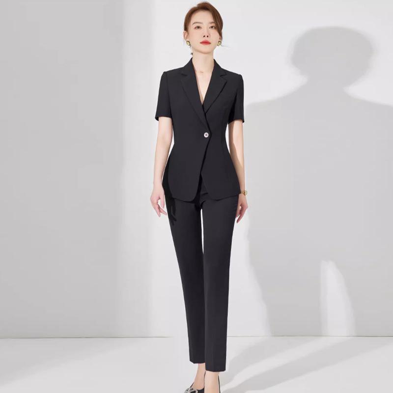Women's Black Slim-Fit Short-Sleeve Professional Suit - Summer Fashion Workwear with Teacher Temperament