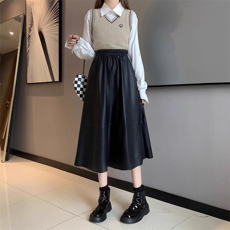 Women's Plus Size High Waist A-Line Brown PU Leather Skirt for Spring, Autumn, and Winter