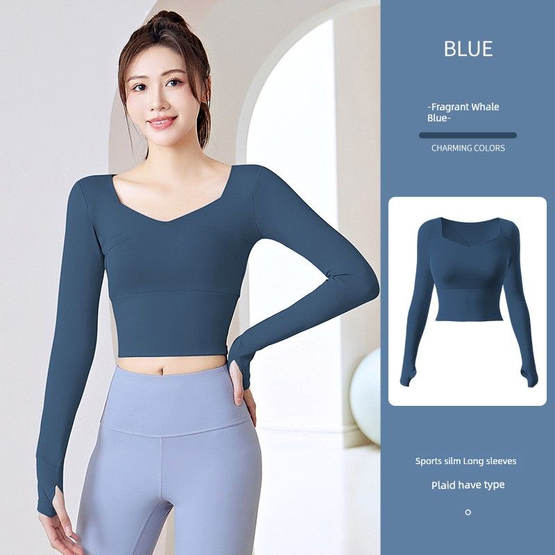 

2025 Tight Fitness Running Top Long Sleeve Yoga Clothes Fragrant whale Blue S
