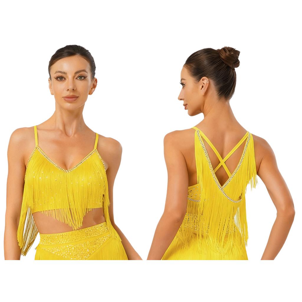 S-XXL Salsa Dance Top V Neck Sleeveless Open Back Fringe Detail for Latin Performance Competition Costume