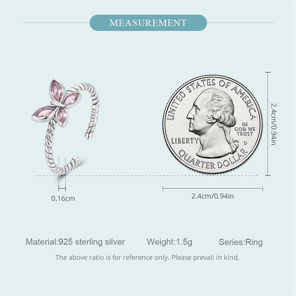 WOSTU 925 Sterling Silver Love Pink Buttefly Open Rings For Women Shiny Clear CZ Adjustable Ring Family Birthday Party Jewelry