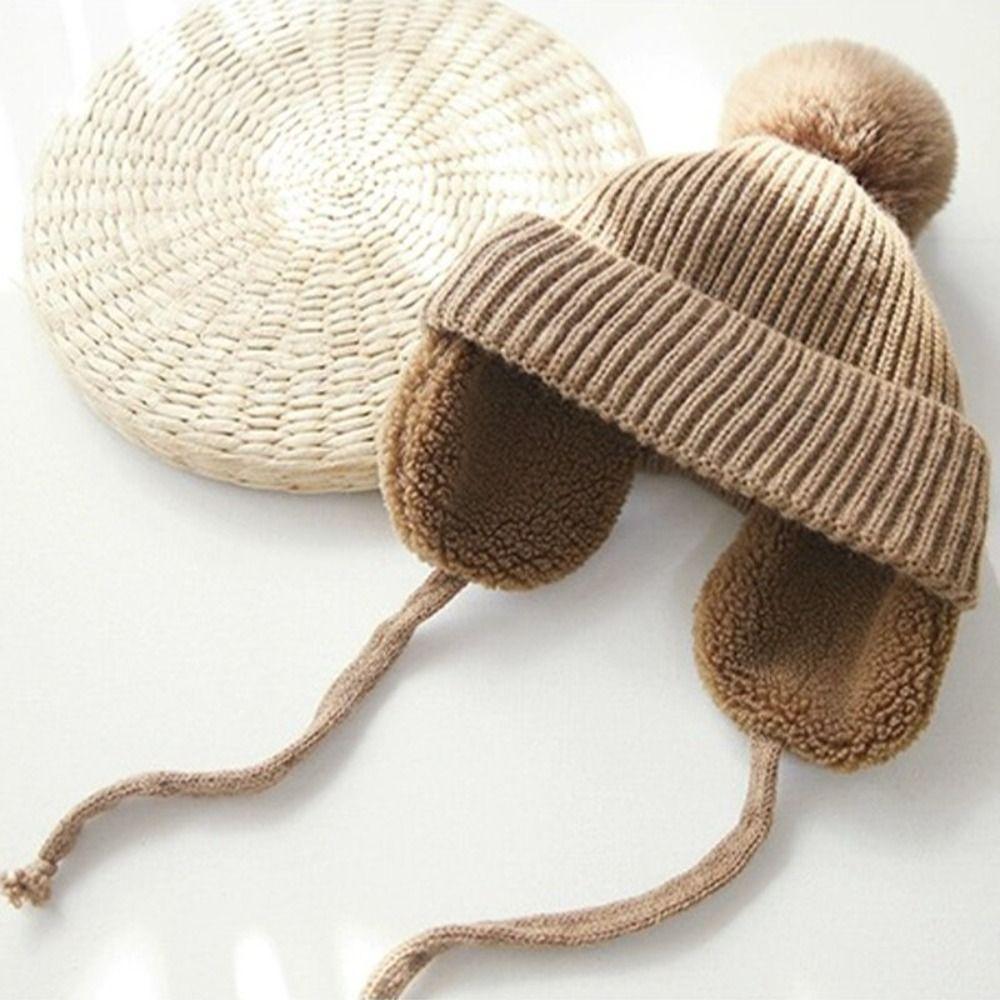 Ear Protection Pompom Beanie with Earflap Plush Wool Cap All-match Children Knitted Hat  Boy