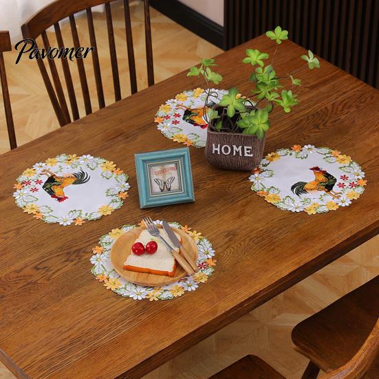 Polyester Embroidery Mats Pastoral Rooster Embroidered Placemat, Decorative Lace Floral Pattern Round Daily Home Dining Accessories Table Mat, Vintage