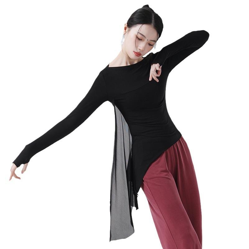 Classical Dance Practice Clothes Finger Sleeve Side Split Tulle Design Chinese Style Casual Wear Chic Stage Performance Costume