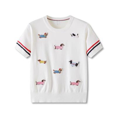 Summer Women Designer O-neck Short Sleeve Embroidery Cartoon Dog Knitted Sweater Pullover Tops For College Girls