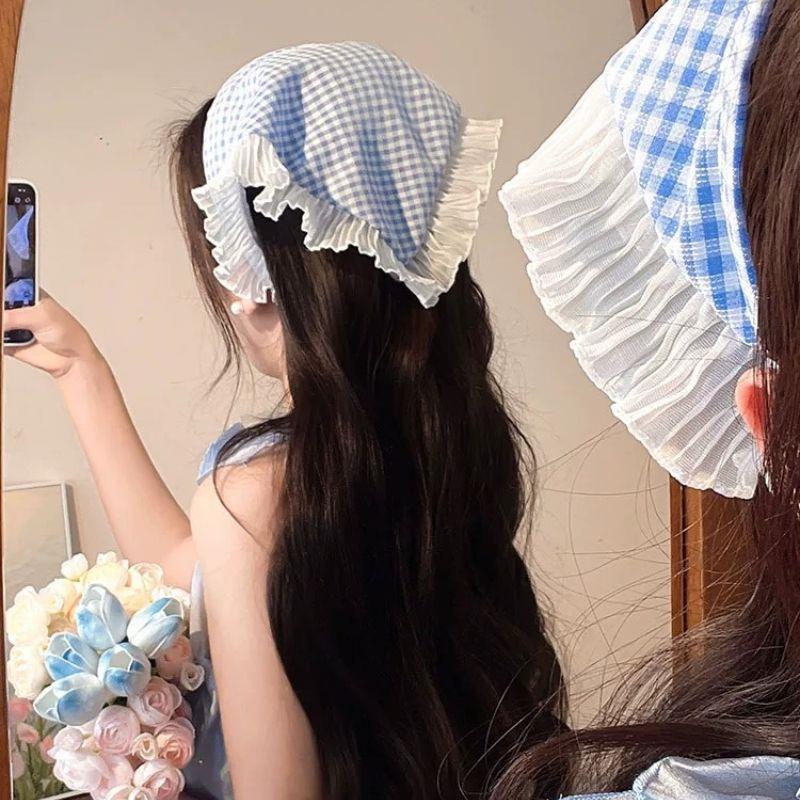 INS Lace Plaid Hair Scarf Women Korean Triangle Hair Band Travel Photo Headband Sunscreen Headscarf Girls Cotton Neckerchief