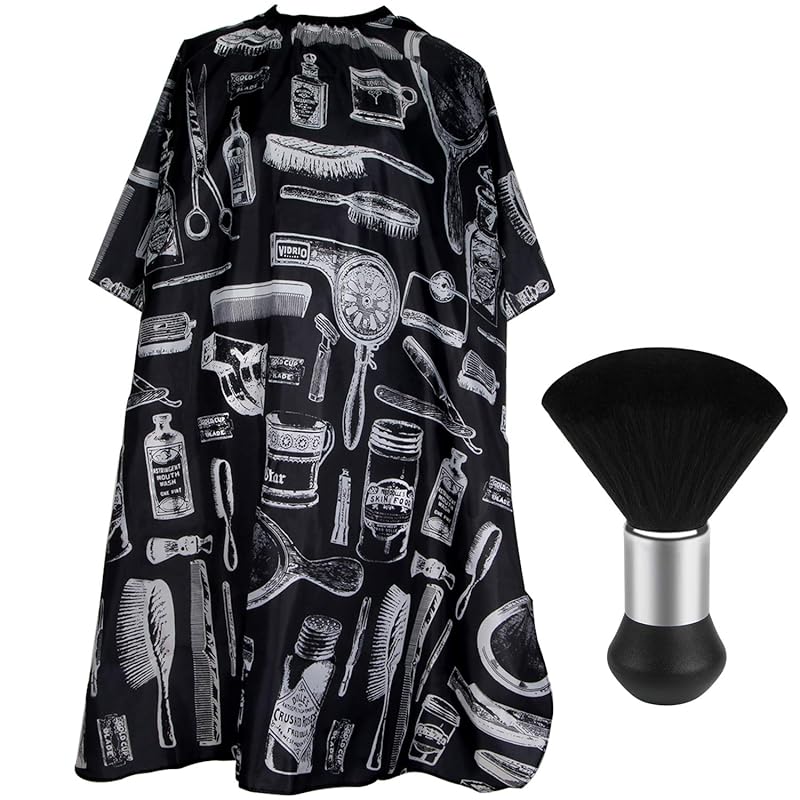 FEBSNOW Professional Hair Cutting Cape with Neck Duster Brush, Salon Barber Cape, Hair Cutting Accessories (Black)