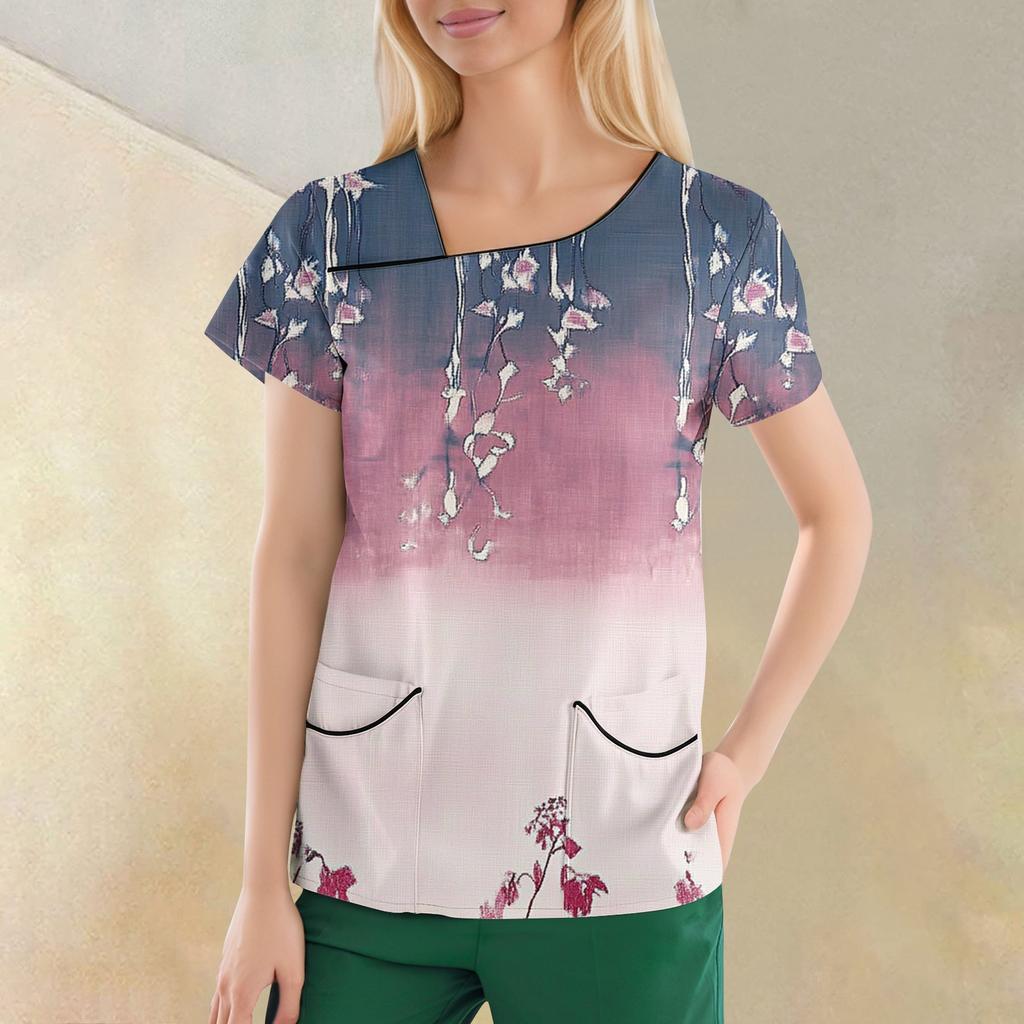 Women's Casual  Print Short Sleeve Sloping Collar Workwear Top With Double Pockets