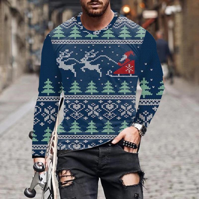 Herren T-Shirts Weihnachten Herren Neu Rundhals Langarm Street Fashion 3D Gedrucktes Herren T-Shirt