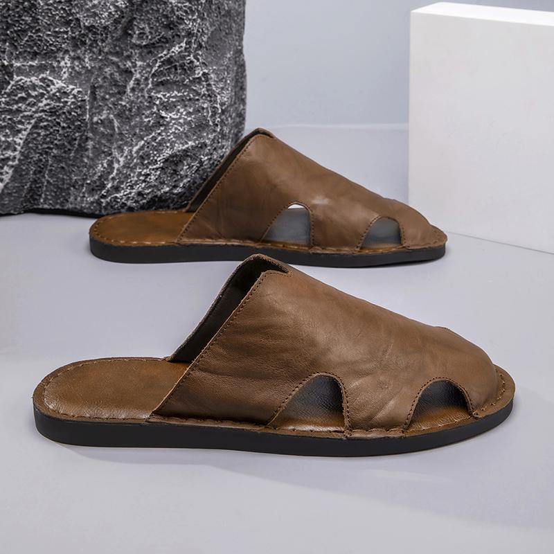 Men Slippers Handmade Simple Flats Brown Leather Sandals Black Summer Roman Sandals Closed Toe Beach Shoes Plus Size
