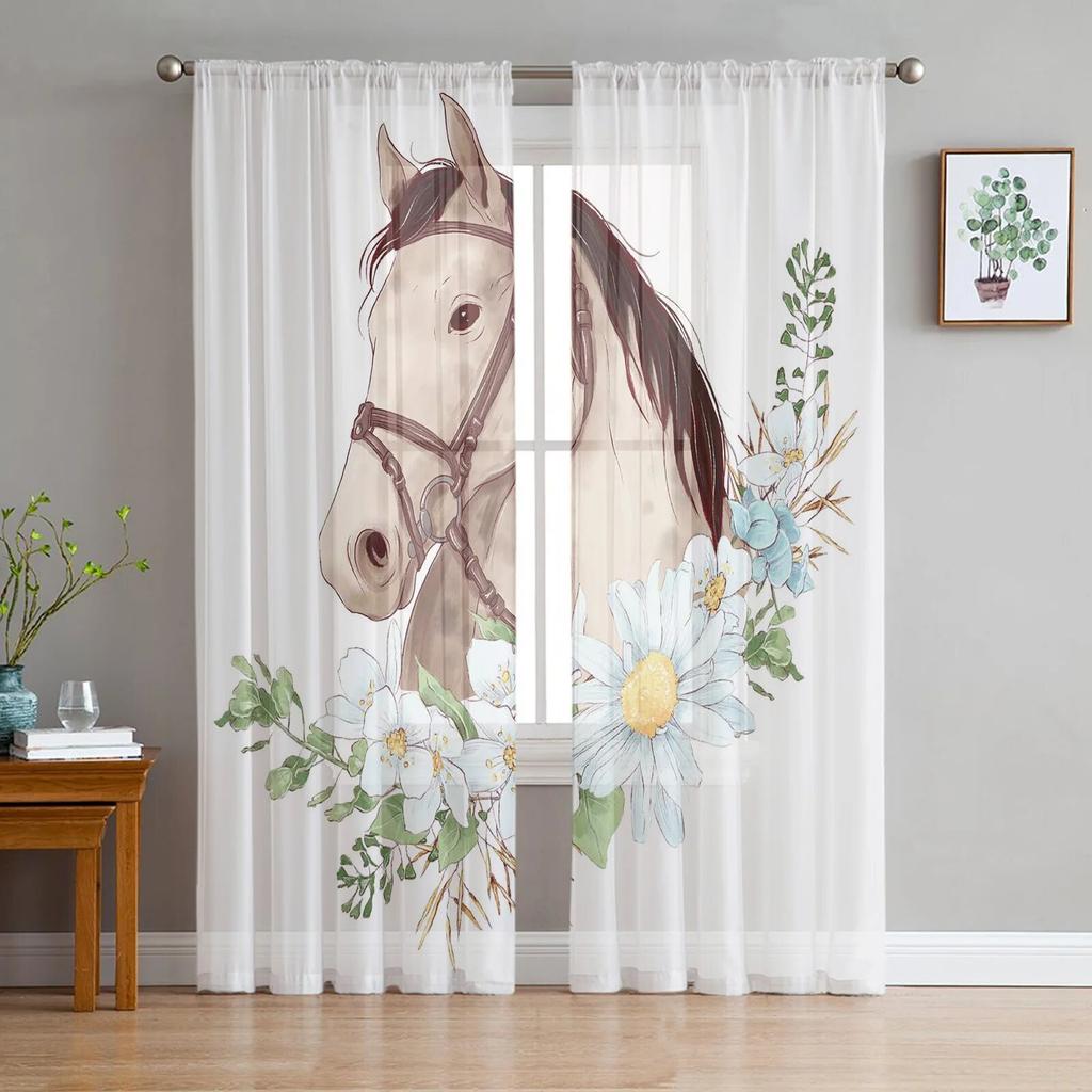 Black White Horse Watercolor Painting Tulle Sheer Window Curtains for Living Room Kitchen Children Bedroom Voile Hanging Curtain