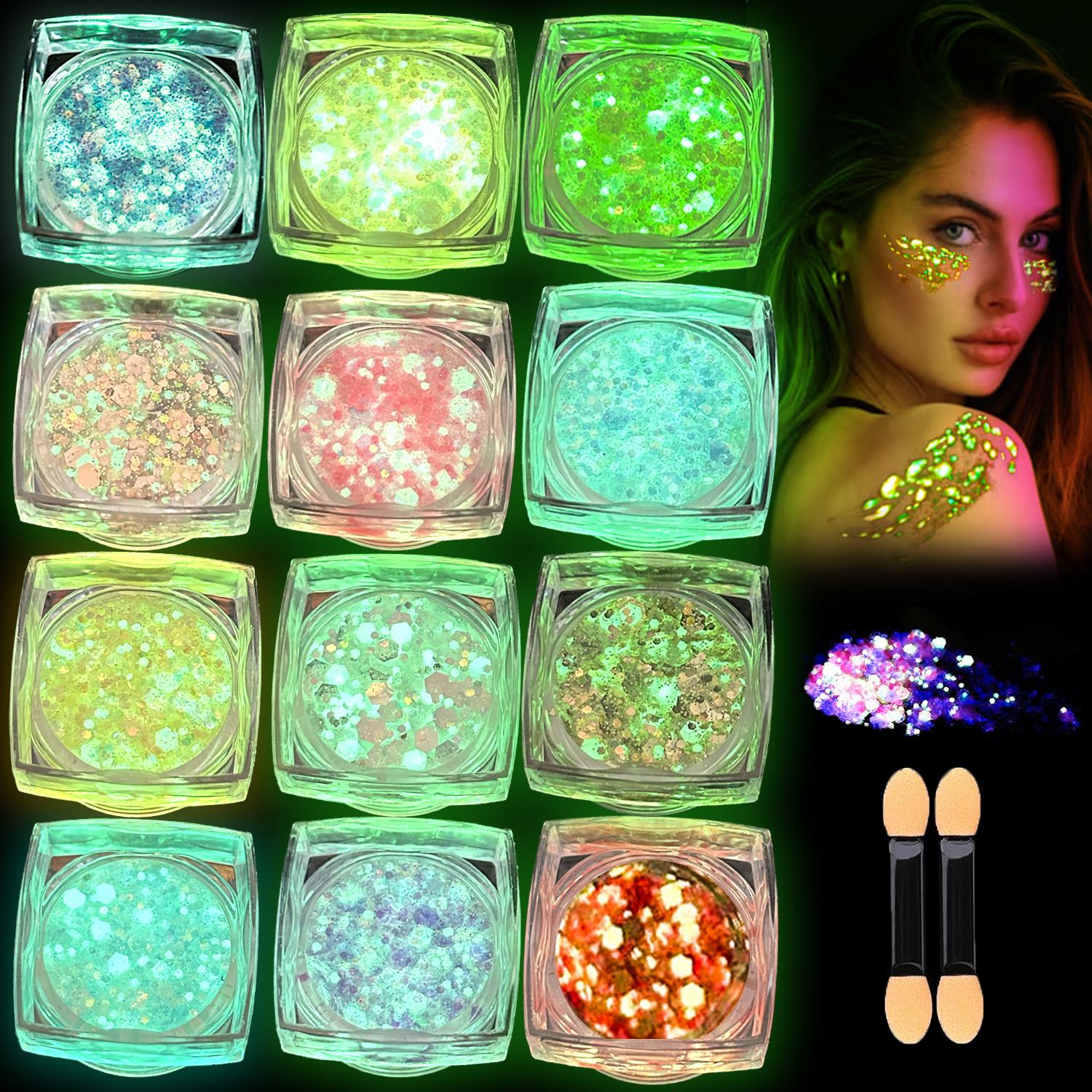 

12 Colors Glow in the Dark Body Glitter Gel Set, Luminous Chunky Sequin for Face Hair & Nails, Festival Party Makeup Kit 12colors per set