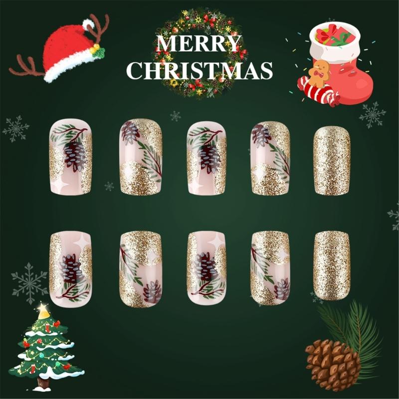 Glittering Artificial Nail Leaves False Nail Christmas Tree Full Cover Stick On Nail Short Square Press On Nail