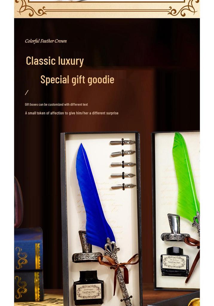 Goose Feather Pen Set with Carved Base and Stainless Steel Nibs - Unique Gift
