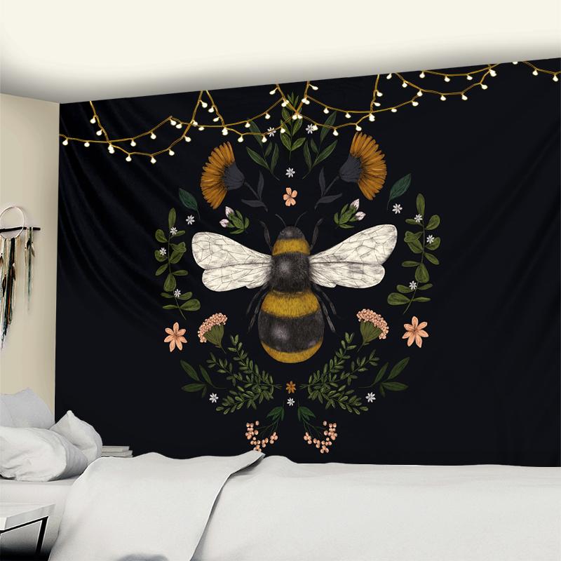 Bee Floral Tapestry Wall Hanging Daisy Flower Wall Decor Tapestries Hanging Bedroom Drom Room Wall Decor Small Black Tapestry