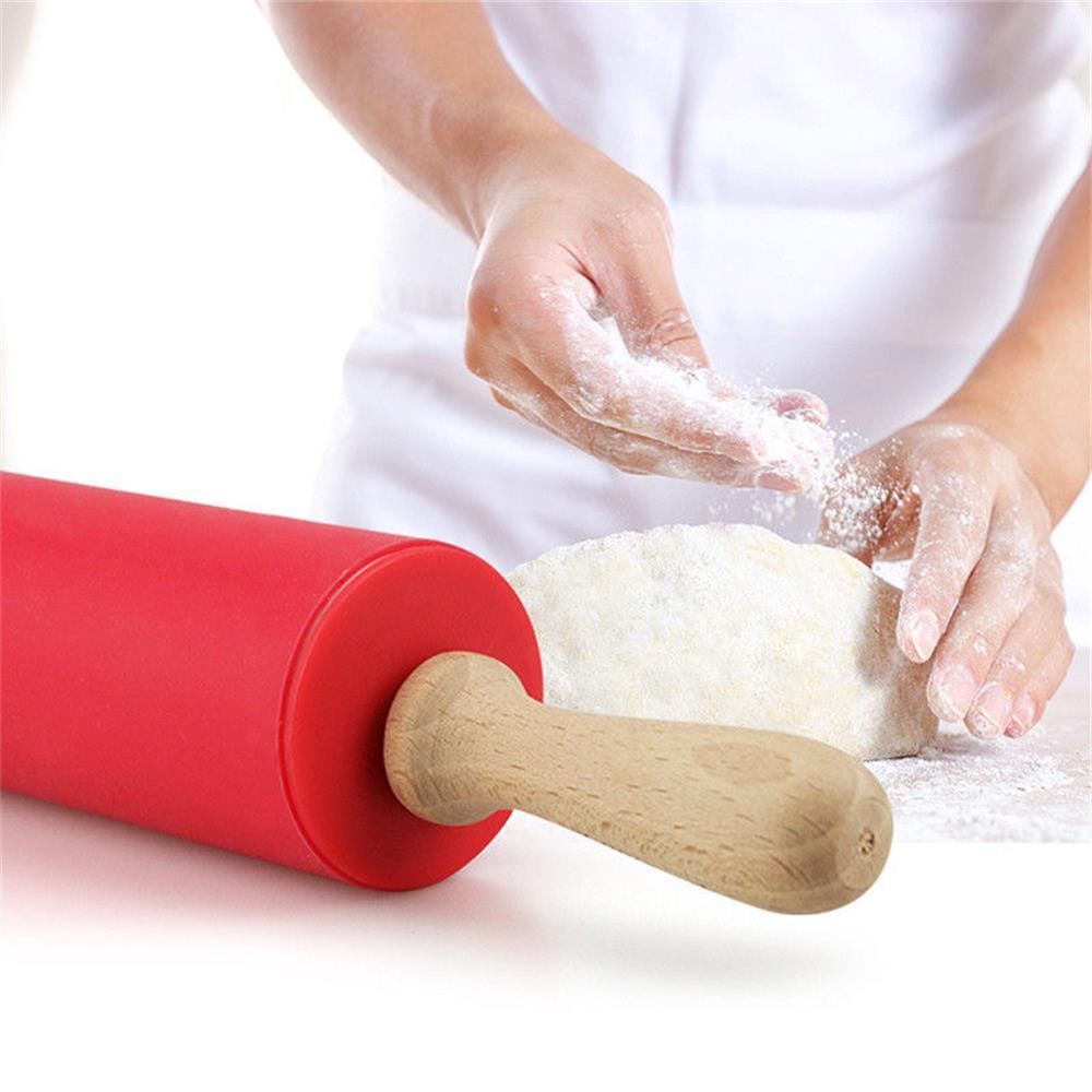 Wooden Handle Silicone Rollers Rolling Pin Kid Kitchen Cooking Baking Tool 