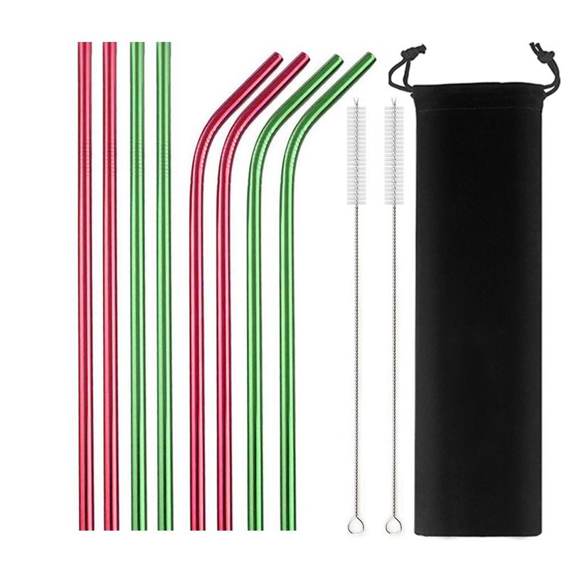 8Pcs Colorful Reusable Metal Straw High Quality 304 Stainless Steel Straws Set with Cleaner Brush Bar Party Drinking Straws
