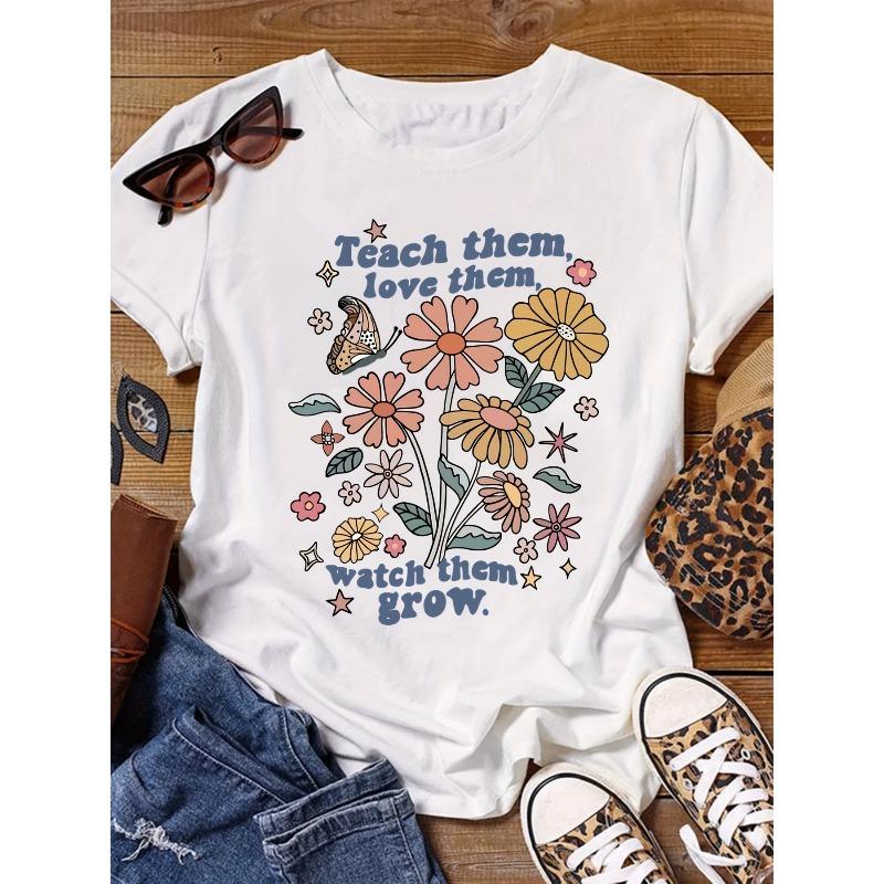 Damen Plus Size Lehren Sie Sie Buchstaben-Blumenmuster T-Shirt Lässig Kurzarm Rundhals Frühling Sommer Oberteil