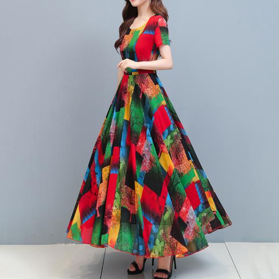 Kobiety ubierają kolorowy nadruk z dużym obszyciem Letnia długa sukienka w kształcie litery A Streetwear