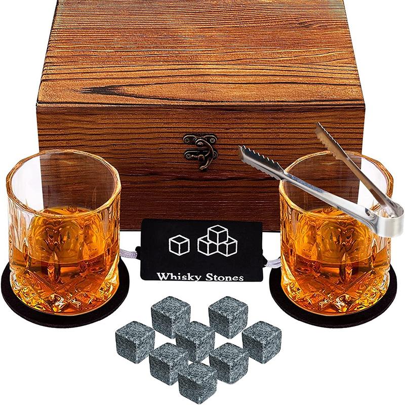 1 Set Father's Day Gift For Men Whiskey Stones Set 8Pcs Granite Ice Cubes + 2Pcs Cups In Wooden Box Present For Dad