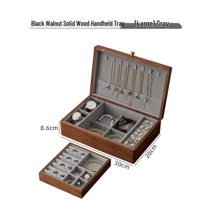 Handon Black Walnut Solid Wood Jewelry Box with Handheld Tray
