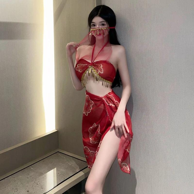 Female Porn Hanfu Red Women Sexy Chinese Traditional See Through Dress Belly Dancer Cosplay Costumes Bandage Skirt Set Lingeries