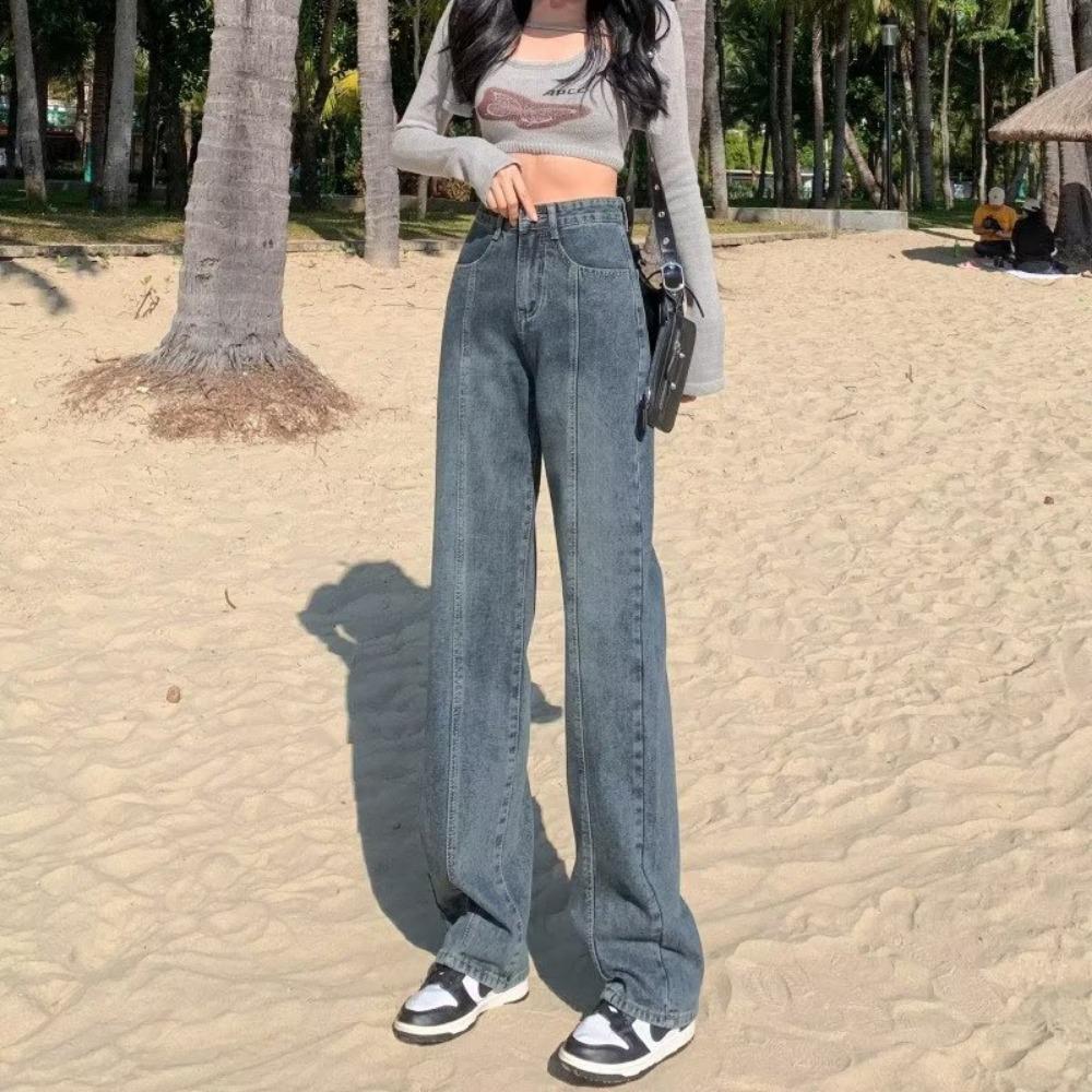 

Spring and autumn new retro temperament thin denim women s straight-leg pants popular high waist wide legs mopping jeans 2XL сине серый