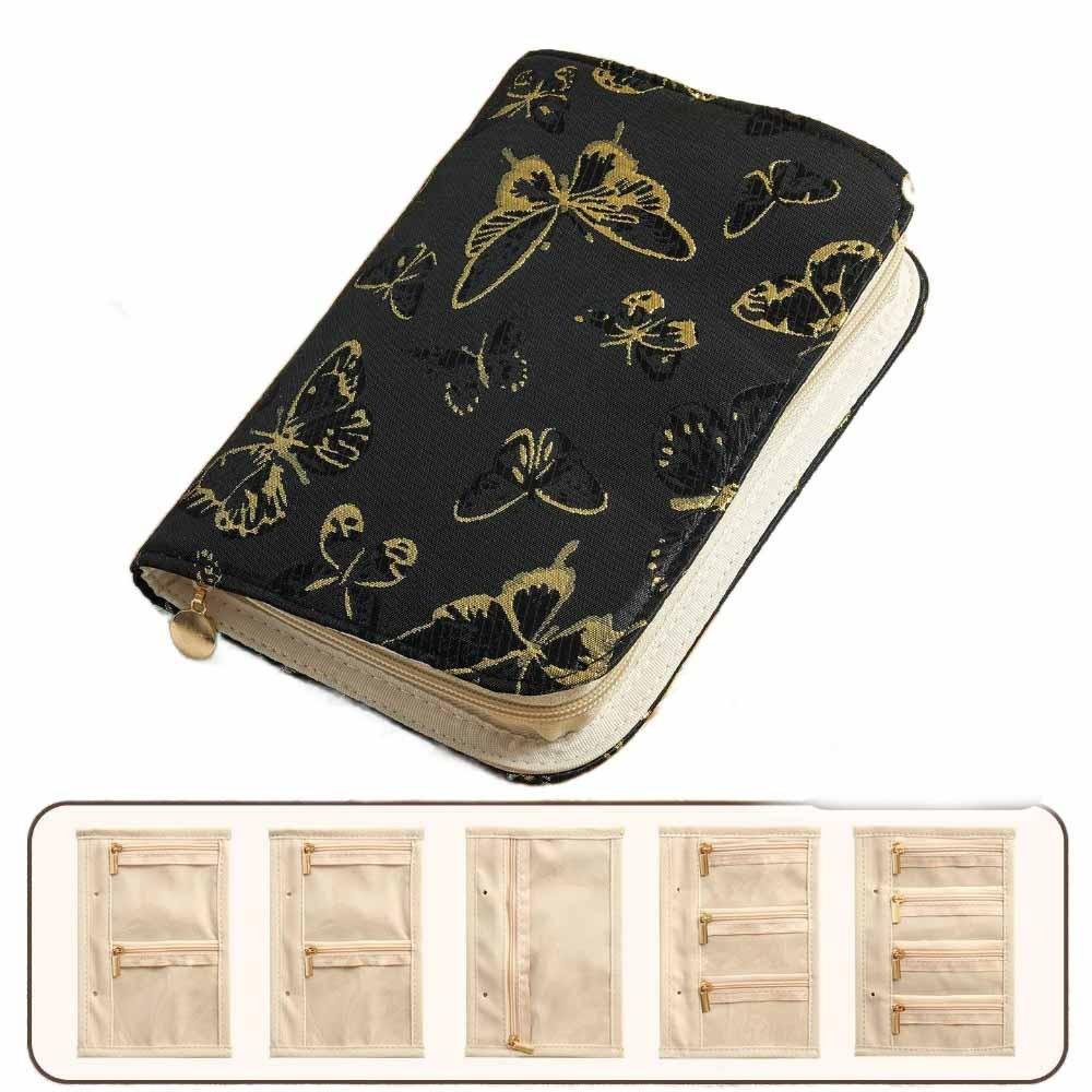 Flower Pattern Jewelry Storage Bag with Zipper Notebook Jewelry Handbag Jewelry Organizer Travel Black Butterfly