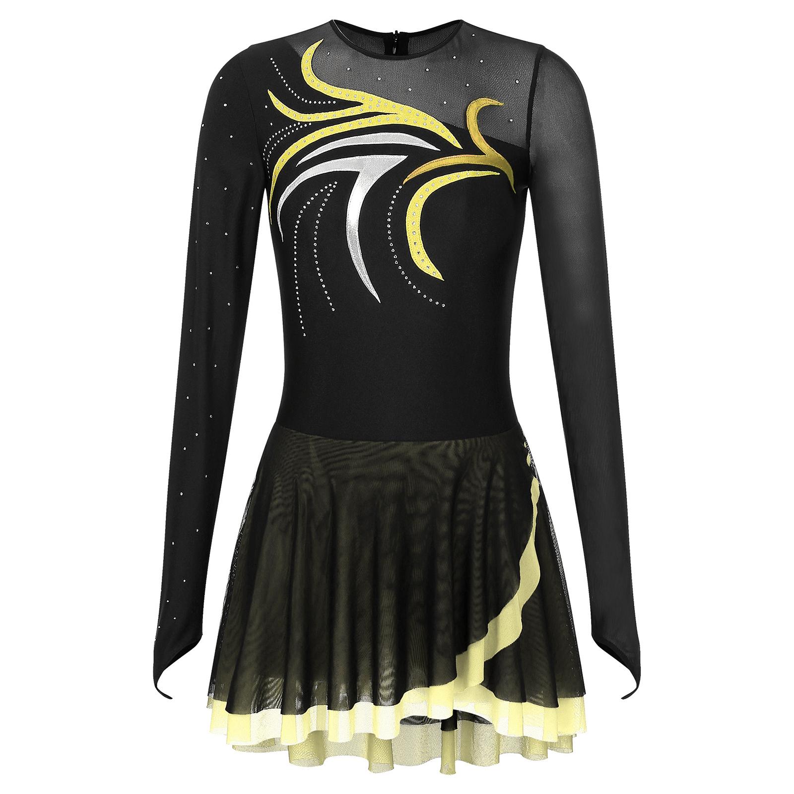 

Жіночий сценічний костюм з блискітками та стразами, прозорий сітчастий дизайн печворк, сукня для танців з довгим рукавом M жовтий