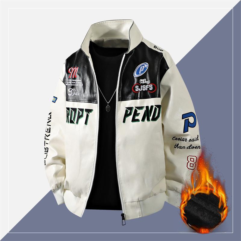Autumn Winter Leather Jacket Fleece Motorcycle PU Leahter Jackets Embroidery Pattern Turndown Collar Black Windbreaker