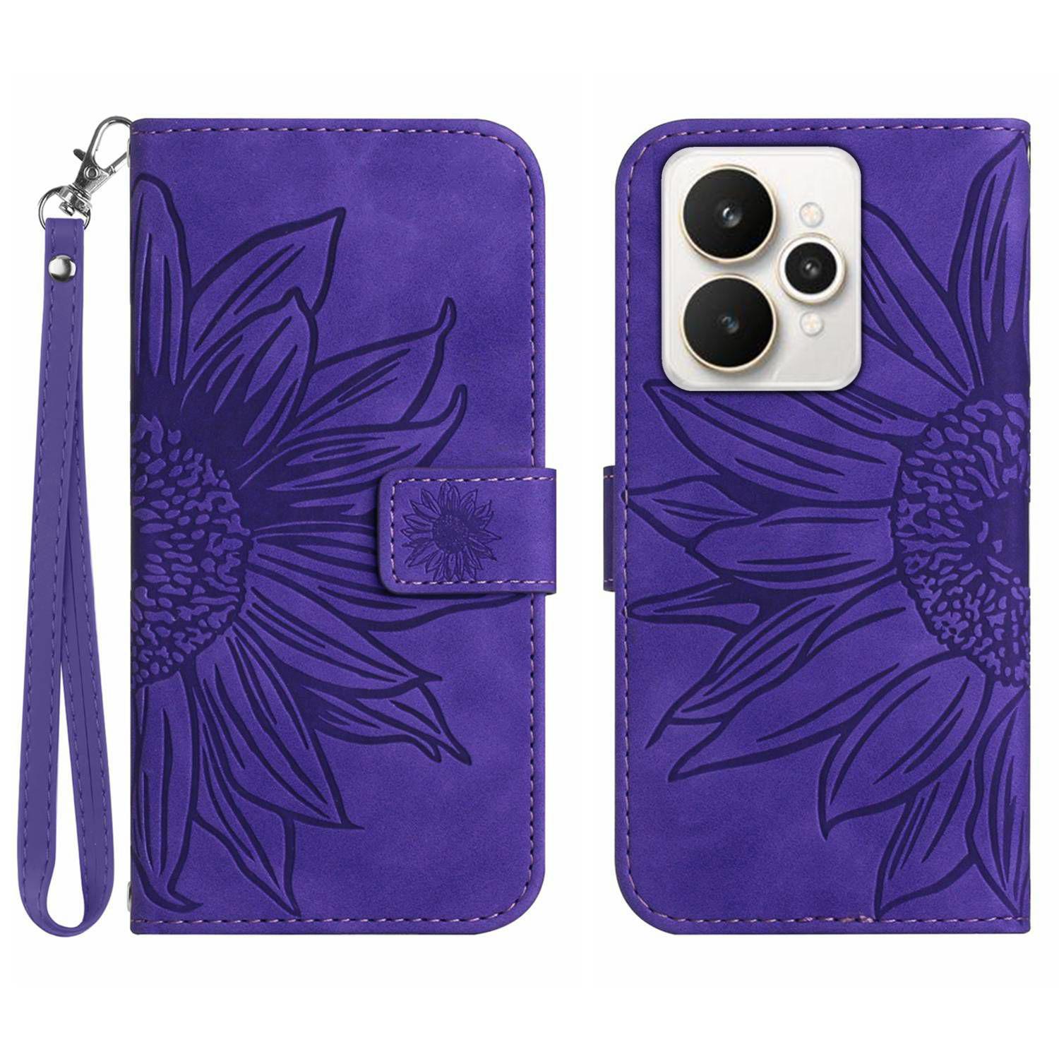 

For Realme 15 5G/Realme 15 Pro 5G Case Sunflower Imprint Leather Wallet Phone Cover with Wrist Strap Dark Purple