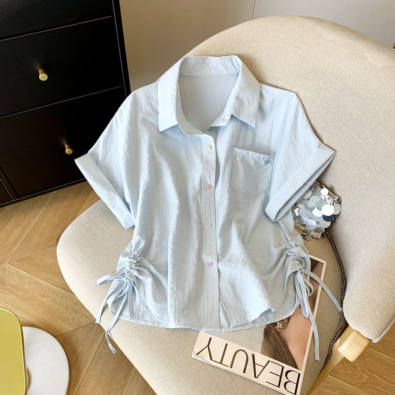 

Korean Fashion Commuter Ol Blue Lapel Single-Breasted Loose Side Drawstring Lace-up Shoulder Short sleeve Shirts Top Women Blue S