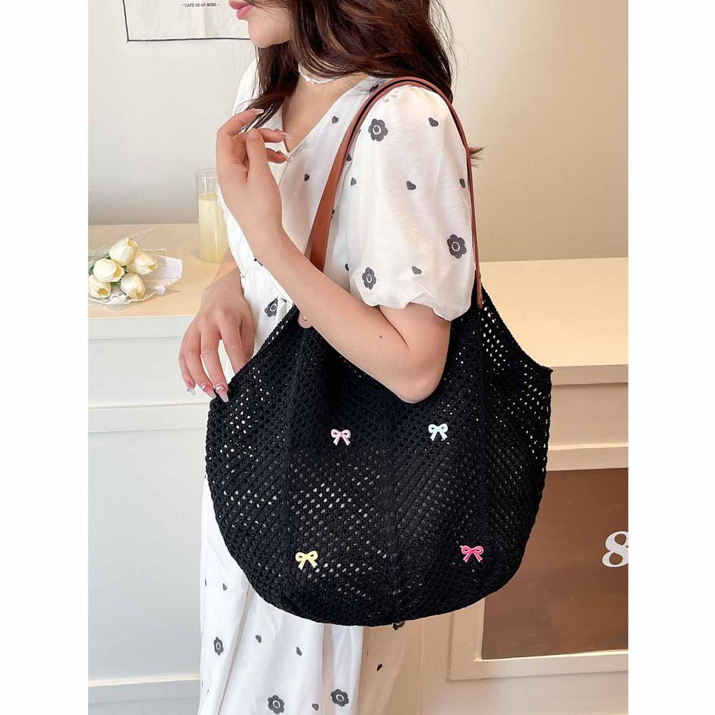 Summer bow knitted woven bag female 2026 new single shoulder shopping bag leisure vacati beach bag tote bag