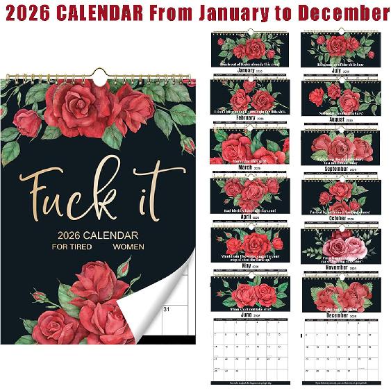 2026 Calendar for Tired Women | Fuck It Wall Calendar 2026,Spiral Binding Hanging Calendar for Home Office 11" x 8.5" | Gag Gift for Tired