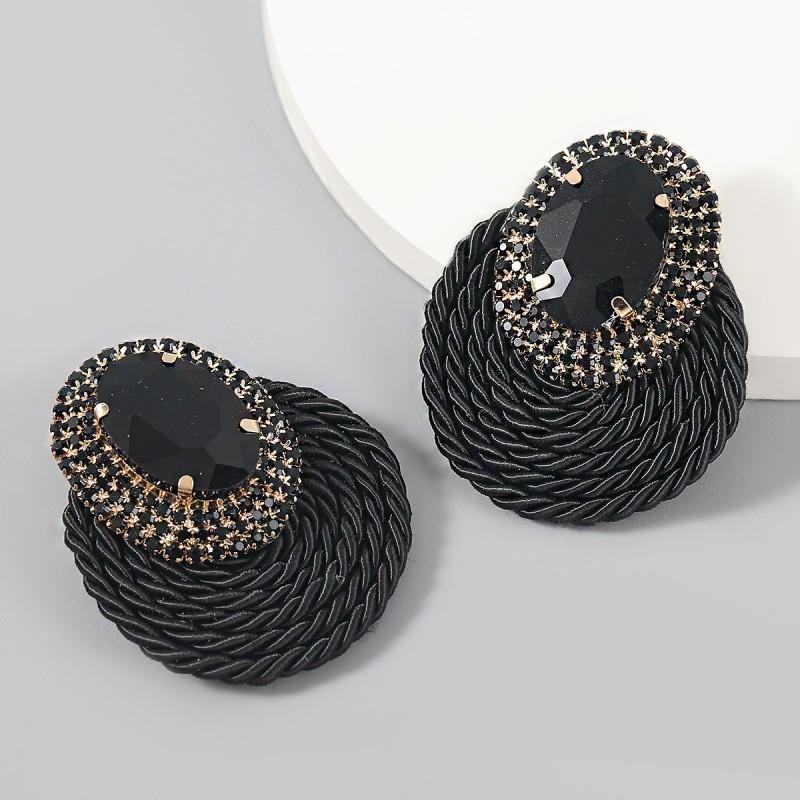 Alloy Rhinestone Oval Glass Stud Earrings Women Stretch Cord Circular Fashion Ear Jewelry In White Green Black Rose Gold