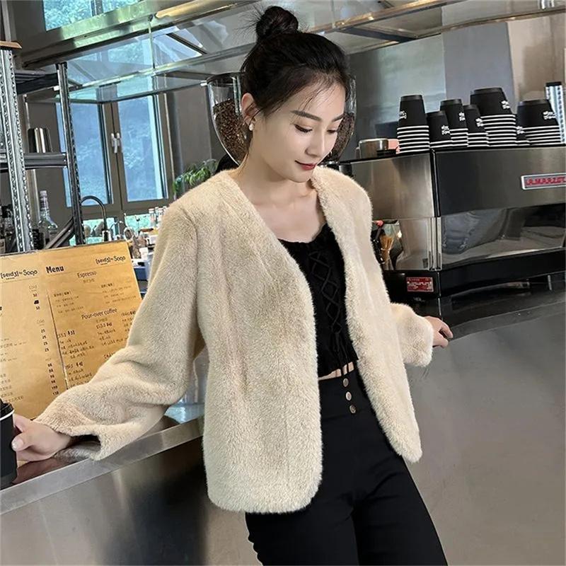 Autumn and Winter Rabbit Hair Imitate Fur Coat Women's Mink Fleece Coat Short Versatile Mesh Red Plush Coat Quilted Coa