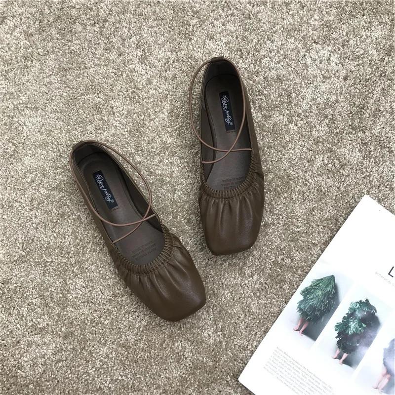 Pleated Single Shoes Women Square Toe Soft Ballet Flats Slip On Solid Color Elegant Dance Shoe Cross Ladies Loafers