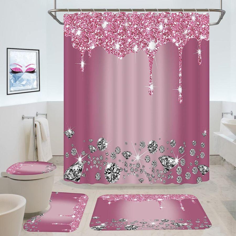 4Pcs Sparkling Diamond Shower Curtain Set, Shiny Bathroom Trim, Carpet And Toilet Seat,Burgundy Luxury Textured Colorful
