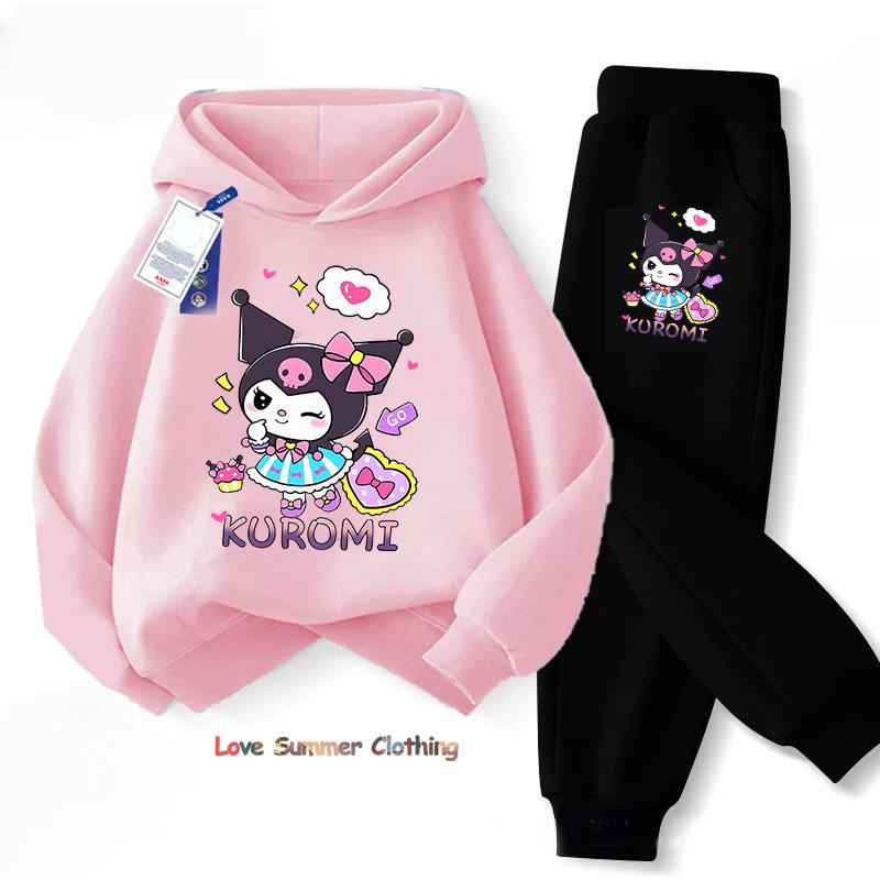 Sanrio Spring Autumn Kuromi Children Clothing Sets Cartoon Kuromi Print Girls Sweatshirt 2pcs Suit Thin Kids Tracksuit