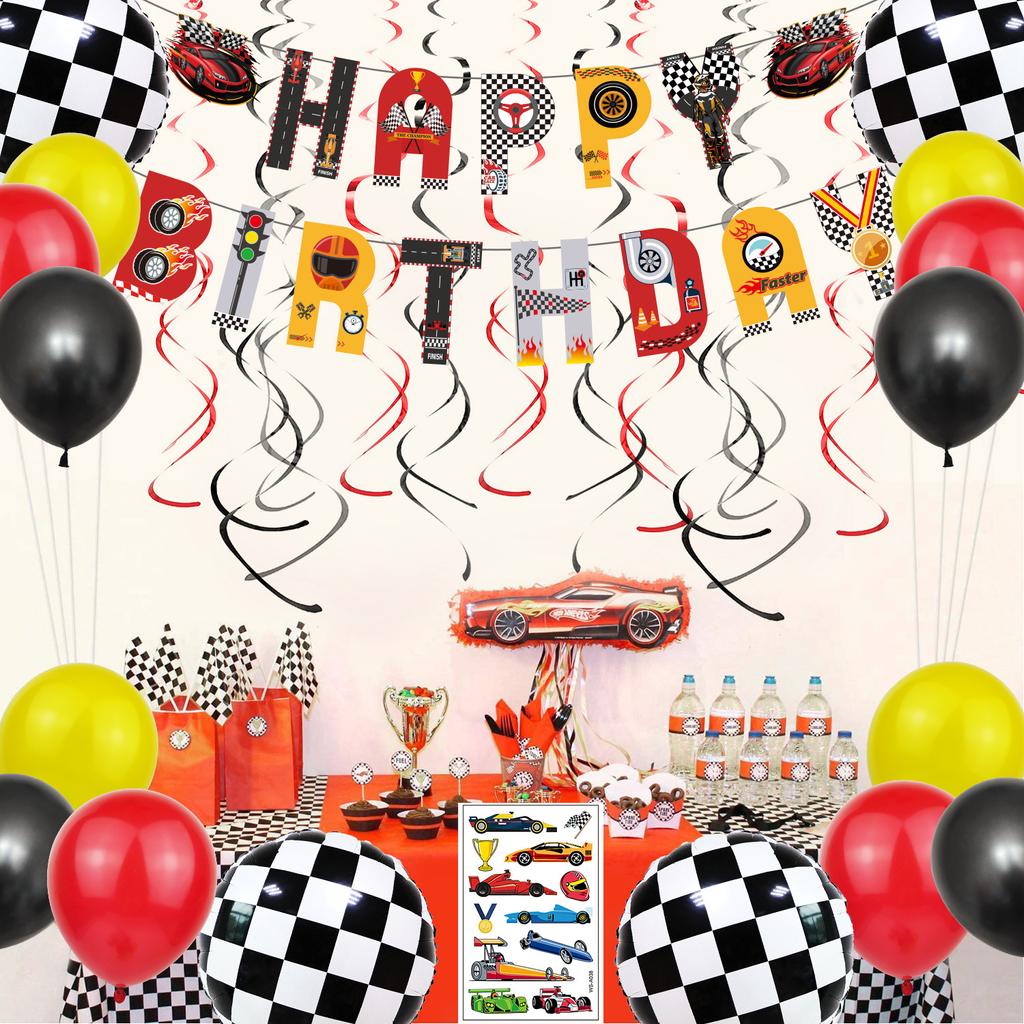 Racing Theme Children'S Birthday Party Decoration Set Birthday Flag Tablecloth Sticker Latex Balloon Spiral Pendant