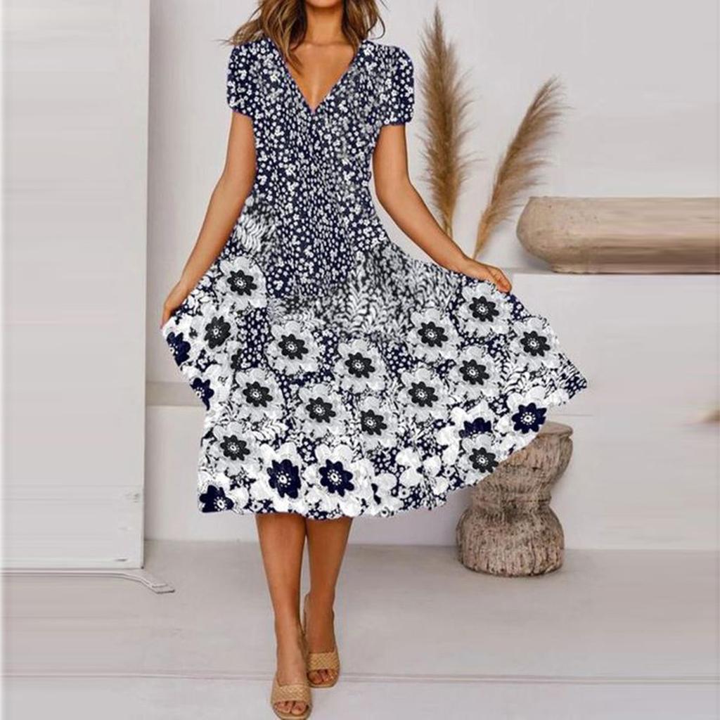 Women's Fashion Summer New Floral Print V-Neck Short Sleeve Loose Casual Dress