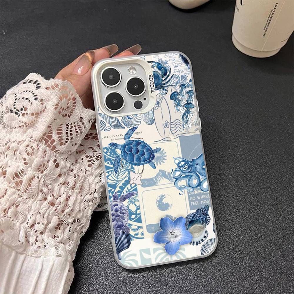 Coastal Sea Star Turtle Ocean Colored Silver frosted For iPhone Phone Case 17 16 15 14 13 12 11 Pro Max XR Plus Shockproof