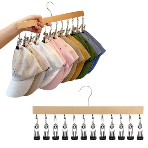 Letics Hat Rack, Hat Hanger, Cap Hanger Stand, Cap Storage, 12 Clips (Light Brown)