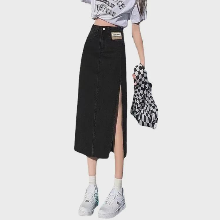Women's Summer Light Blue High-Waist A-Line Denim Skirt with Split