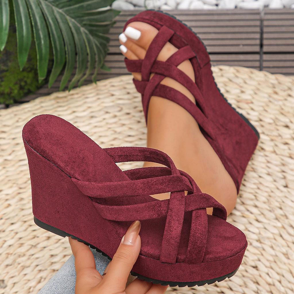 2026 Summer Cross Strap Wedge Slippers for Women Plus Size Suede Platform Peep Toe Outdoor Women Shoes High Heels Slide Sandals