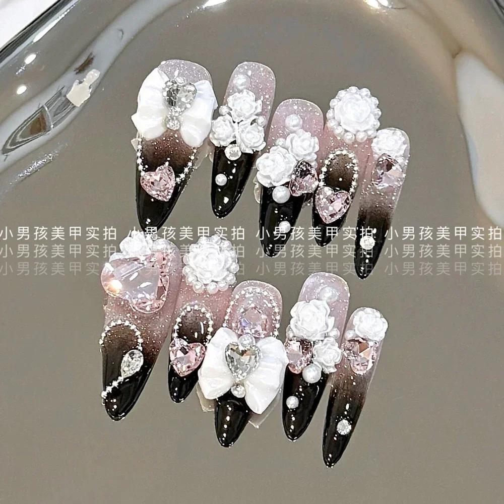10Pcs Luxury Handmade Long Stiletto Press On Nails 3D Sparkling Diamond Bow Pearl Flower Full Cover Fake Nails