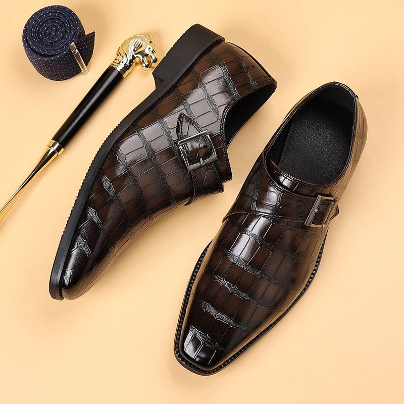 Men'S British Style Buckle Crocodile Grain Leather Shoes Men Slip-On Casual Business Shoes Mens Dress Office Wedding Flats