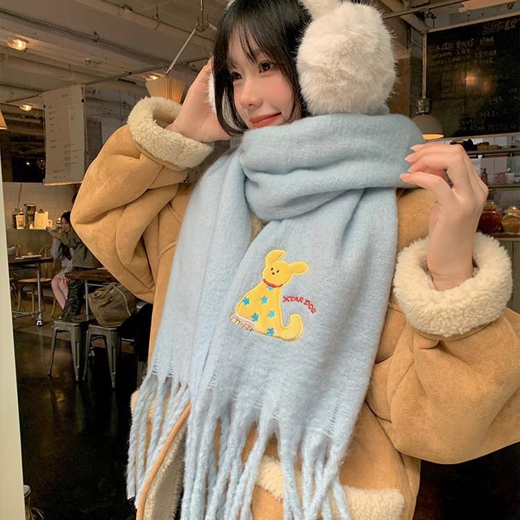 Cute Puppy Embroidered Blue Knitted Scarf for Women Autumn and Winter Korean Atmosphere Warm Neck Scarf