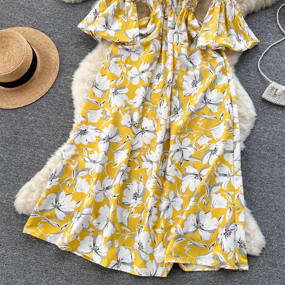 Floral Print Strapless Dress Women French Slash Neck Flare Sleeve Elastic Waist Lady Vacation Fashion Slm A Line Dress