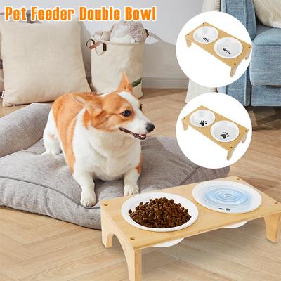 Pet Feeder Double Bowl Ceramic Dog and Cat Bowl with Bamboo Stand Elevated Neck Guard Dog Food and Water Bowl Pet Accessories
